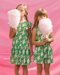 Printed Romper With Frills Green With White And Pink Bird - G30J40_091