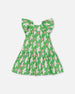 Printed Dress With Flounce Sleeves Green With White And Pink Bird - G30J87_091