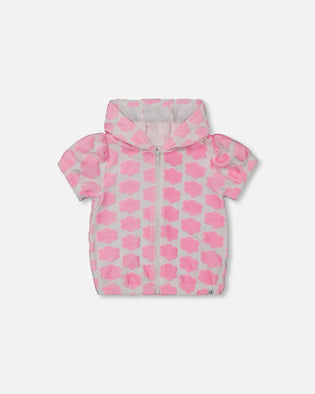 Printed Terry Short Sleeve Hoodie Cardigan Vibrant Pink And White - G30MG30_624