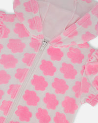 Printed Terry Short Sleeve Hoodie Cardigan Vibrant Pink And White - G30MG30_624