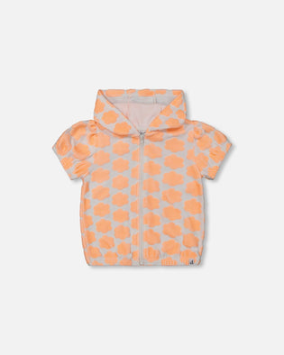 Printed Terry Short Sleeve Hoodie Cardigan Vibrant Orange And White - G30MG30_807