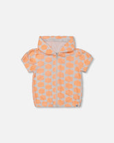Printed Terry Short Sleeve Hoodie Cardigan Vibrant Orange And White