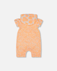 Printed Terry Romper With Hood Vibrant Orange And White - G30MG40_807