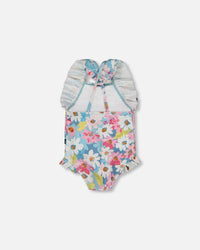 Printed One-Piece Swimsuit With Frills White, Pink, And Green Flowers - G30NG10_048