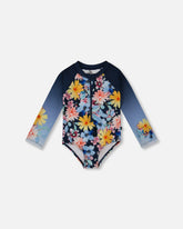 Printed Long Sleeve Rashguard Navy And Yellow And Pink Flowers