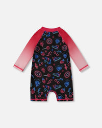 Printed Long Sleeve One-Piece Rashguard Black And Blue And Pink Items - G30NG41_051