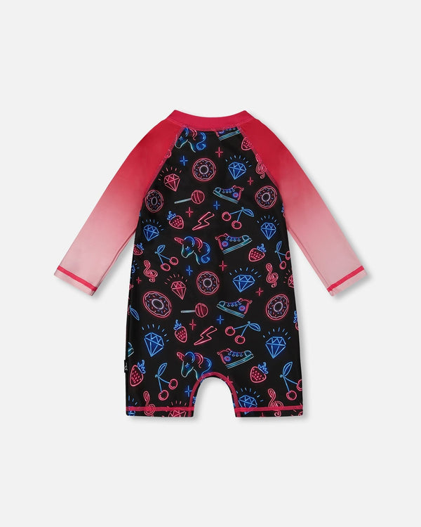 Printed Long Sleeve One-Piece Rashguard Black And Blue And Pink Items - G30NG41_051