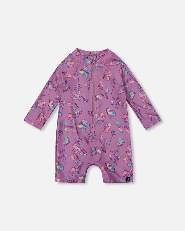 Printed Long Sleeve One-Piece Rashguard Old Mauve And Multicolored Butterflies - G30NG60_054