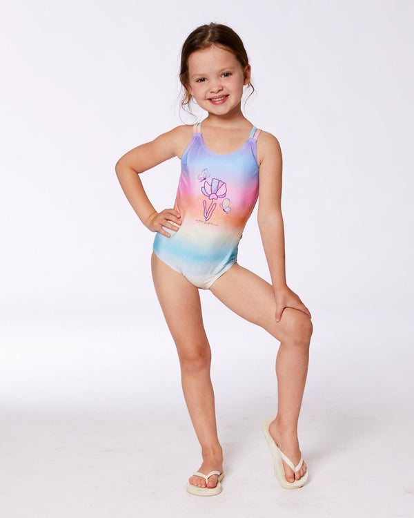 Printed One-Piece Swimsuit Flowers On Multicolored Background - G30NG61_000