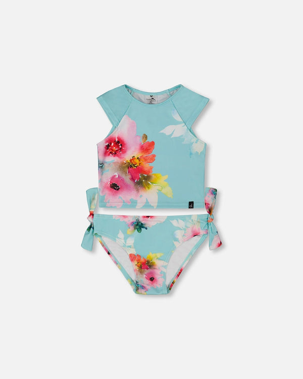 Printed Two-Piece Swimsuit Turquoise And Pink Flowers - G30NG71_057