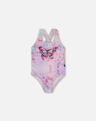 Printed One-Piece Swimsuit Pink Butterflies With Bubble Effects - G30NG91_000