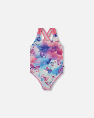 Printed One-Piece Swimsuit Butterflies On Multicolored Background - G30NG91_009