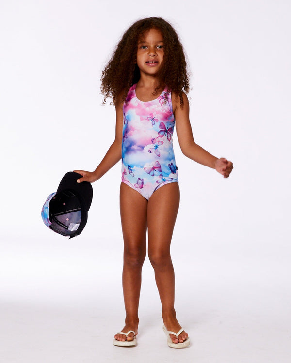 Printed One-Piece Swimsuit Butterflies On Multicolored Background - G30NG91_009