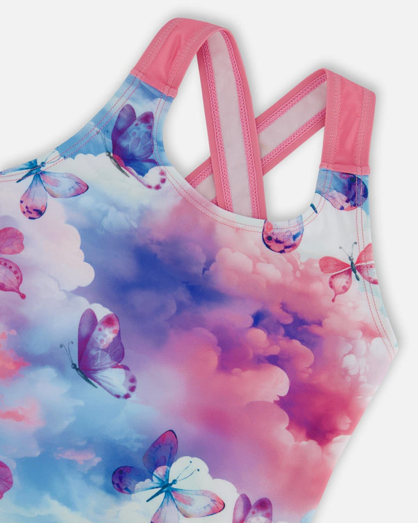 Printed One-Piece Swimsuit Butterflies On Multicolored Background - G30NG91_009