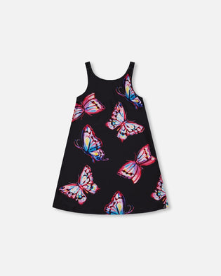 Printed Beach Dress Black And Multicolored Butterflies - G30NG99_059
