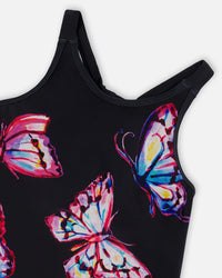 Printed Beach Dress Black And Multicolored Butterflies - G30NG99_059