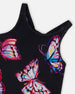 Printed Beach Dress Black And Multicolored Butterflies - G30NG99_059