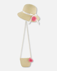 Straw Bag And Hat Set Straw And Pink Accessories Deux par Deux 