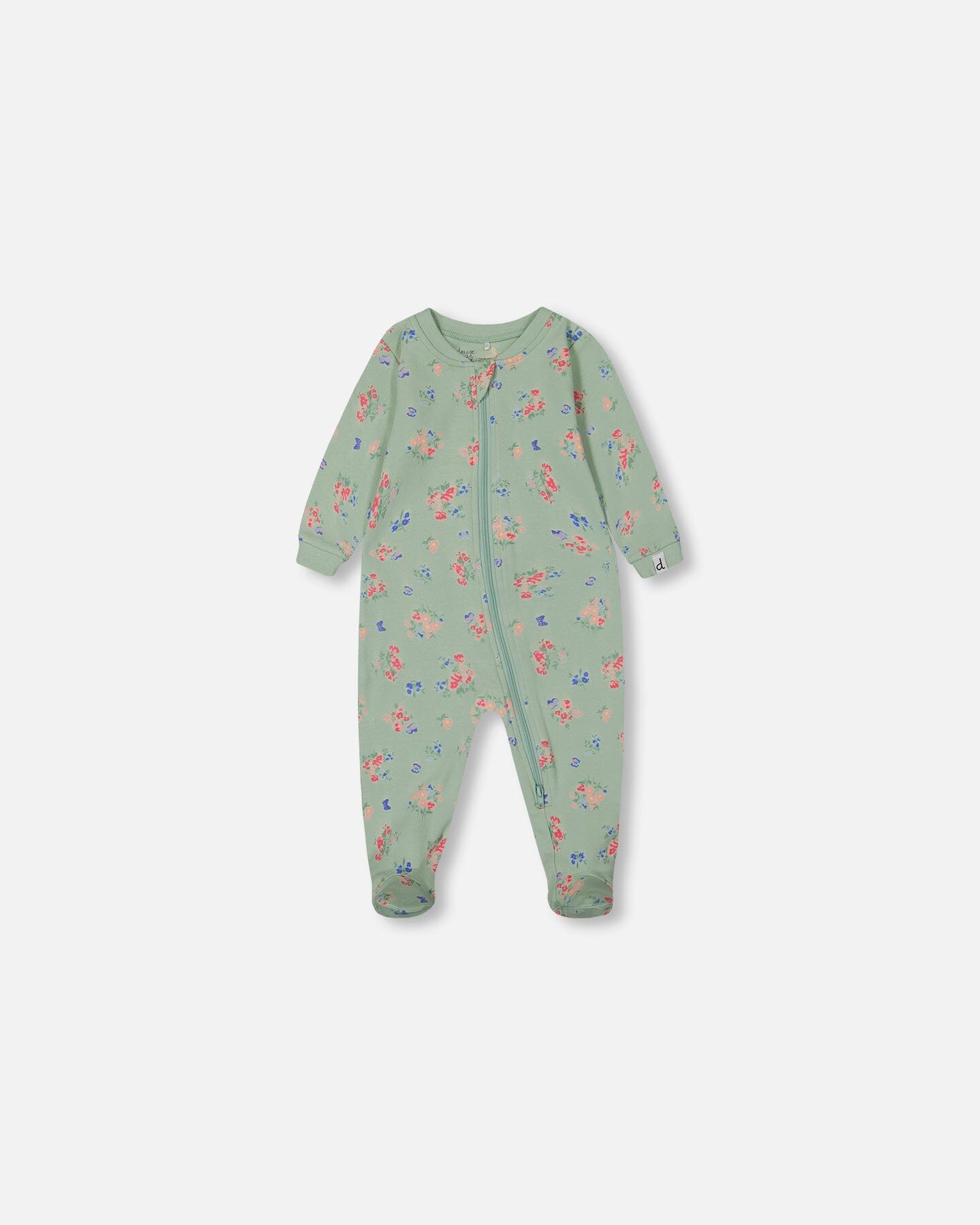 Printed Organic Cotton One-Piece Pajama Small Pink And Blue Flowers On Light Sage Pajamas Deux par Deux 