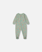 Printed Organic Cotton One-Piece Pajama Small Pink And Blue Flowers On Light Sage