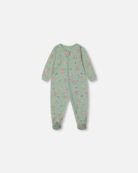 Printed Organic Cotton One-Piece Pajama Small Pink And Blue Flowers On Light Sage Pajamas Deux par Deux 