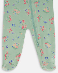 Printed Organic Cotton One-Piece Pajama Small Pink And Blue Flowers On Light Sage Pajamas Deux par Deux 