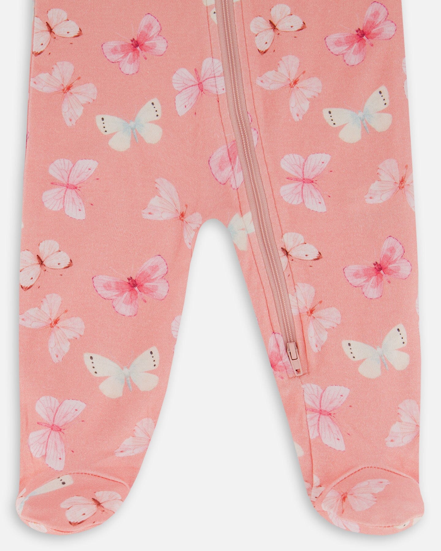 Printed Organic Cotton One-Piece Pajama Pink And Blue Butterflies On Old Pink Pajamas Deux par Deux 