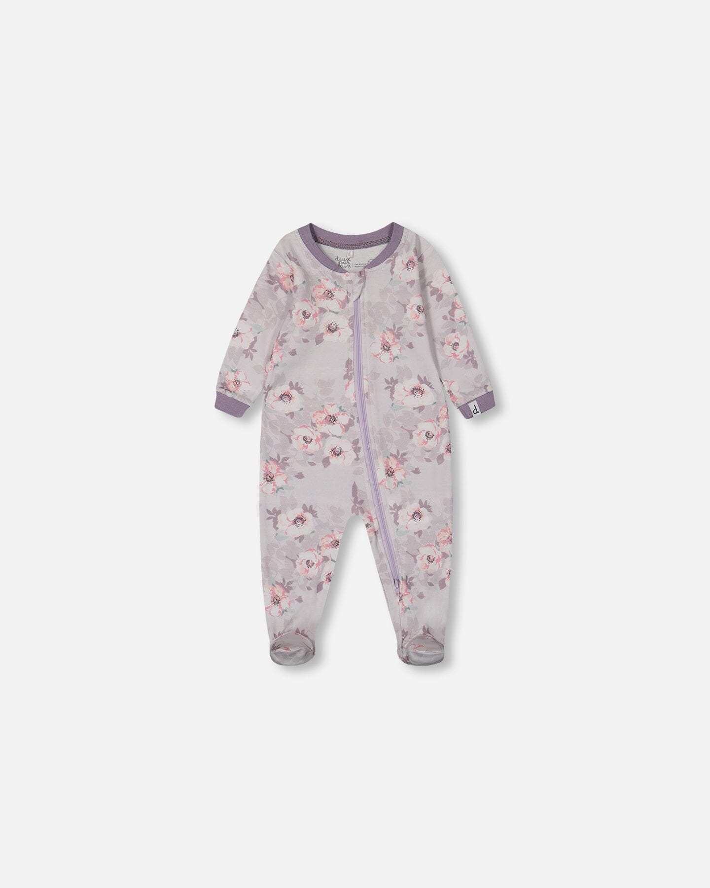 Printed Organic Cotton One-Piece Pajama Pale Pink Flowers On Neutral Lilac Pajamas Deux par Deux 