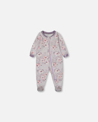 Printed Organic Cotton One-Piece Pajama Pale Pink Flowers On Neutral Lilac Pajamas Deux par Deux 