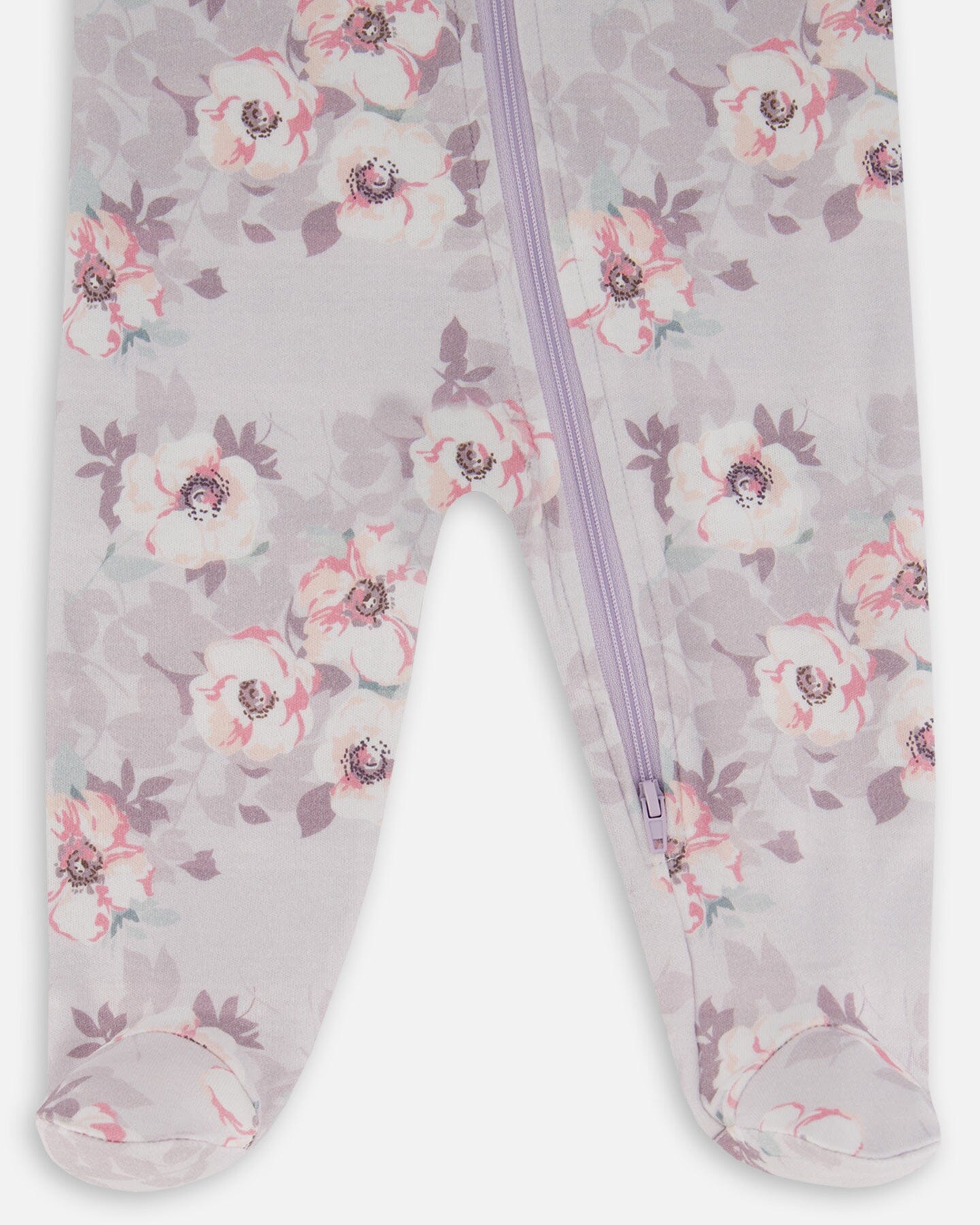 Printed Organic Cotton One-Piece Pajama Pale Pink Flowers On Neutral Lilac Pajamas Deux par Deux 