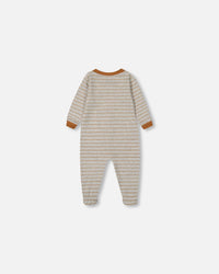 Printed Organic Cotton One-Piece Pajama Dinosaur On Mottled And Tan Background Pajamas Deux par Deux 