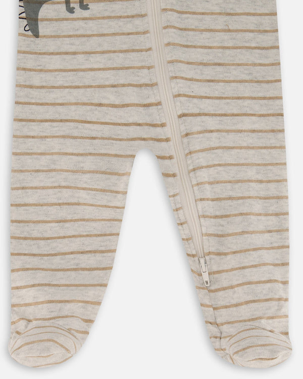 Printed Organic Cotton One-Piece Pajama Dinosaur On Mottled And Tan Background Pajamas Deux par Deux 