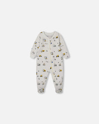 Printed Organic Cotton One-Piece Pajama Off-White And Multi Truck Pajamas Deux par Deux 