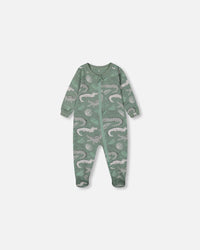 Printed Organic Cotton One-Piece Pajama Light Sage And Gray Crocodile - G30PA40US_043