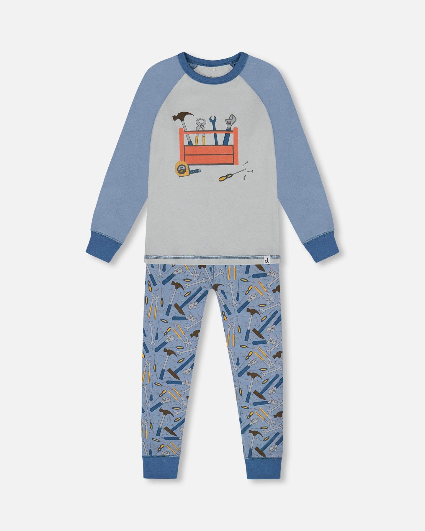 Organic Cotton Long Sleeve Top And Pants Two-Piece Pajama Set Tools On Bluish Gray Background Pajamas Deux par Deux 12m 