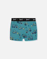 Printed Organic Cotton Boxer Shorts Teal With Yellow Truck - G30PB60_045