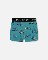 Printed Organic Cotton Boxer Shorts Teal With Yellow Truck - G30PB60_045