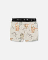 Printed Organic Cotton Boxer Shorts Dinosaur On Mottled And Tan Background
