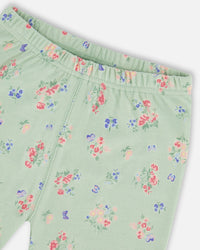 Organic Cotton Two-Piece Short Pajama Set Small Pink And Blue Flowers On Light Sage Pajamas Deux par Deux 