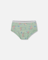 Printed Organic Cotton Boyshort Panty Small Pink And Blue Flowers On Light Sage