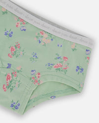 Printed Organic Cotton Boyshort Panty Small Pink And Blue Flowers On Light Sage - G30PG60_029
