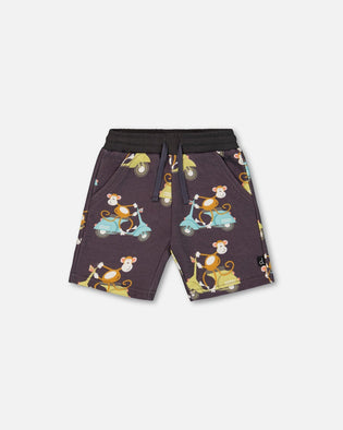 Printed French Terry Short Monkey On Navy Moped - G30S26_087