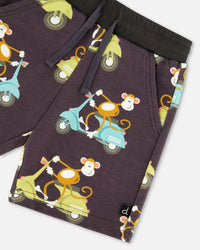 Printed French Terry Short Monkey On Navy Moped - G30S26_087