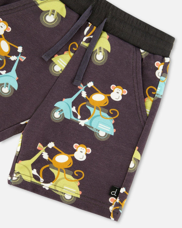 Printed French Terry Short Monkey On Navy Moped - G30S26_087
