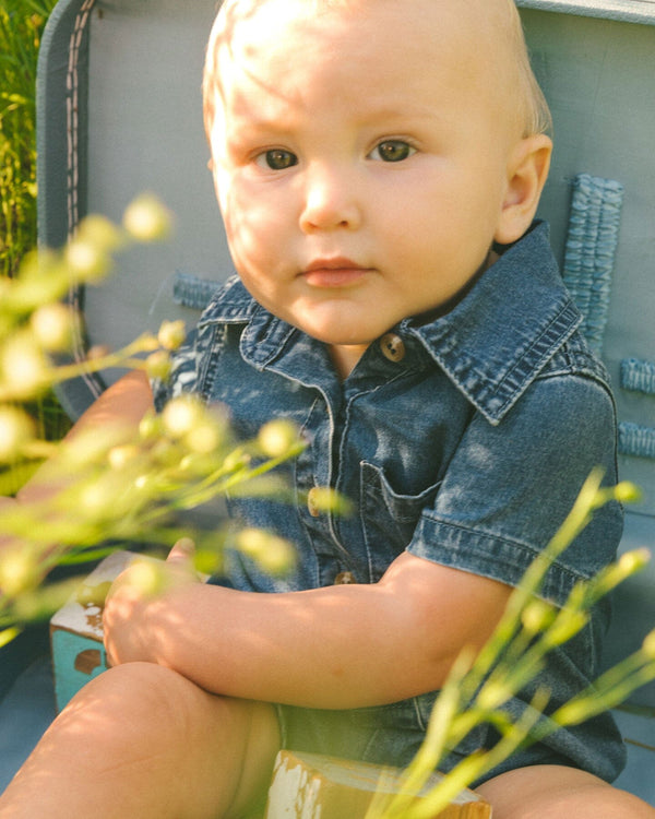 One-Piece Denim Romper Dark Denim Blue One-Piece & Baby Rompers Deux par Deux 