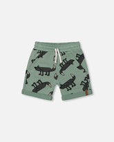 Printed French Terry Short Gray Wolf On Teal Background