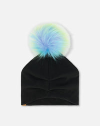 Black Solid Jersey Detachable Multicolored Pompom Hat - G30W20_999