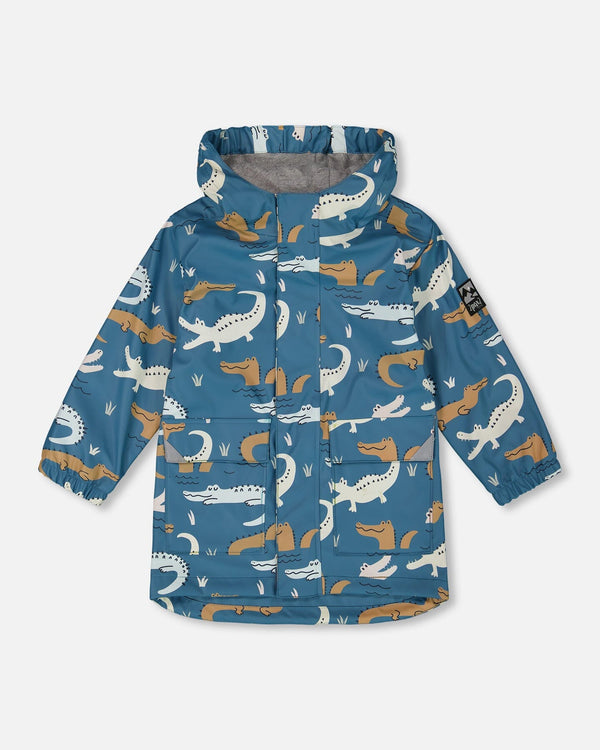 Blue Raincoat With Crocodiles That Change Color Upon Contact With Water Outerwear Deux par Deux 