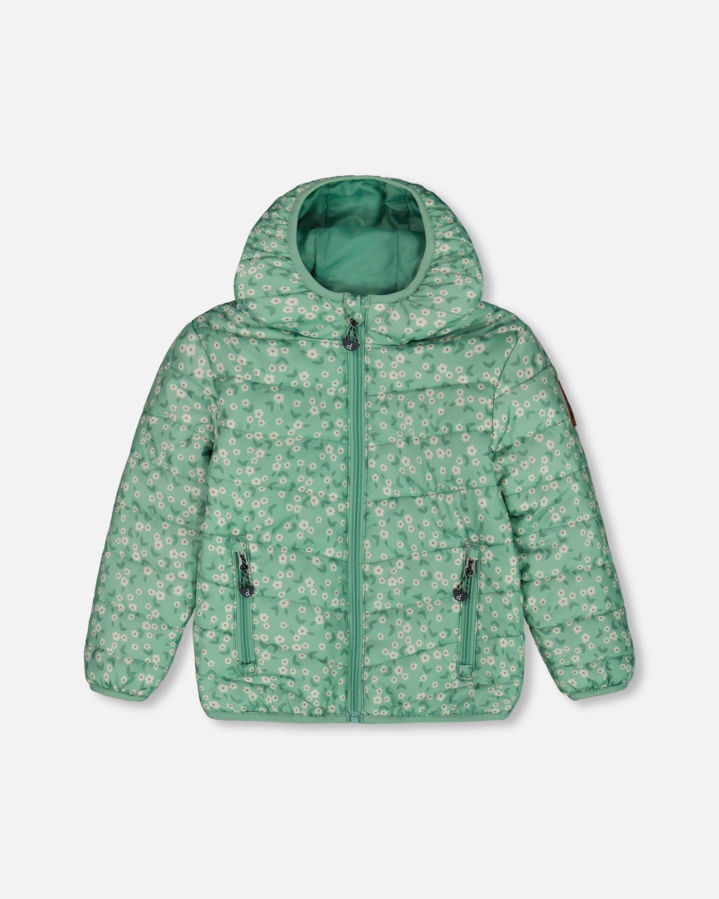 Printed Quilted Mid-Season Jacket Small White Flowers On Sage Green Background - G30W58_013