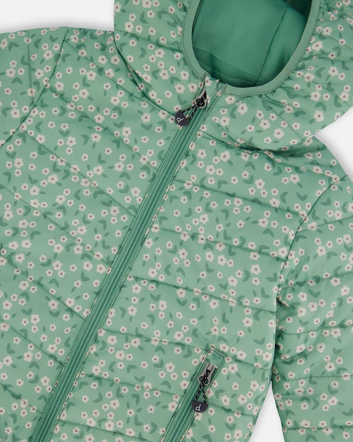 Printed Quilted Mid-Season Jacket Small White Flowers On Sage Green Background - G30W58_013